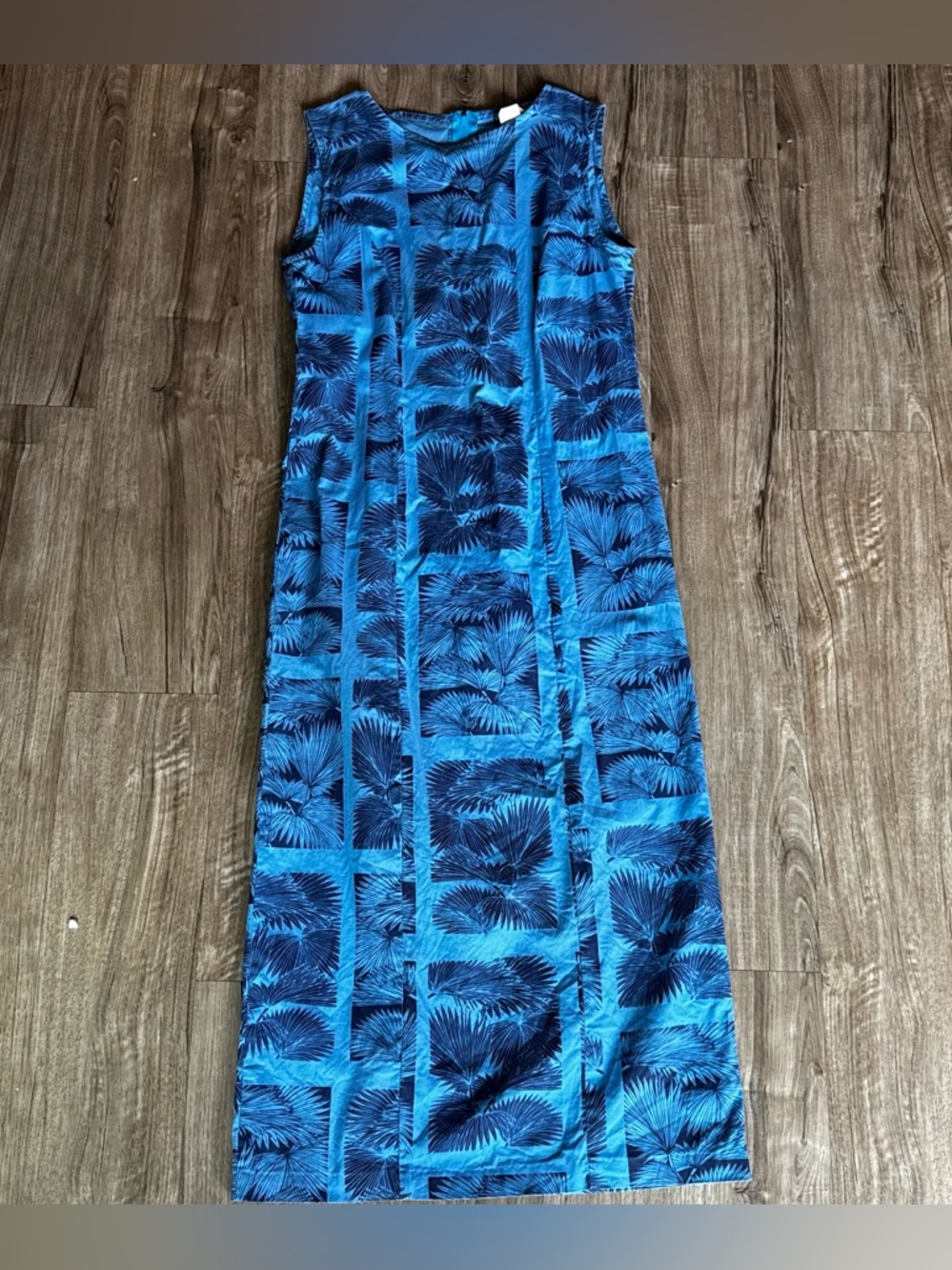 VTG Blue Palm Print Sleeveless Maxi Dress size XS 100% cotton made in Hawaii